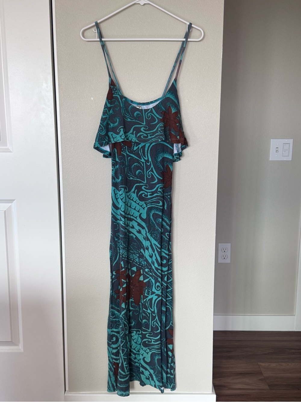 Teal and Brown Printed Spaghetti-Strap Maxi Dress